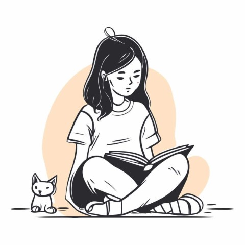 Girl reading a book. Girl sitting on the floor with cat.