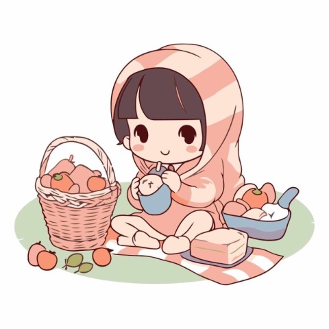 Illustration of a cute little girl having a picnic with fruits a