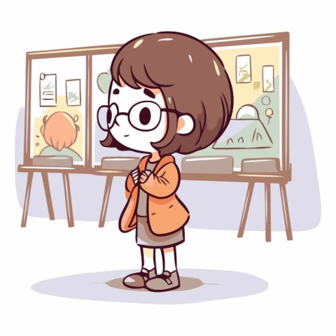 Cute little girl in glasses standing in classroom.