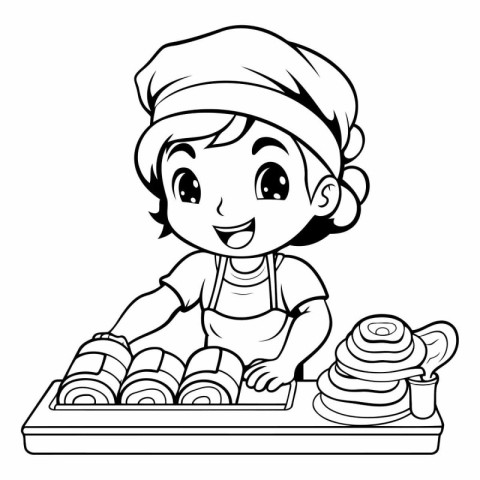 Black and White Cartoon Illustration of Cute Little Boy Chef Coo