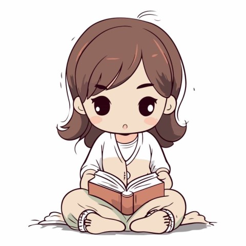 Illustration of a cute little girl reading a book on a white bac