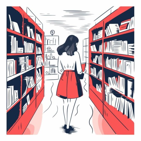 Vector illustration of a girl in a library. Back view of a girl