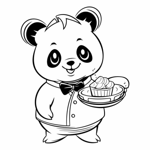 Black and White Cartoon Illustration of Cute Panda Character for