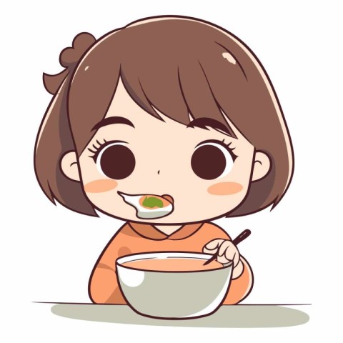 Illustration of a Cute Girl Eating a Bowl of Soup.