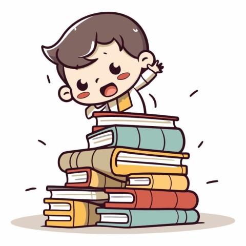 Little boy sitting on a pile of books. Vector cartoon illustrati