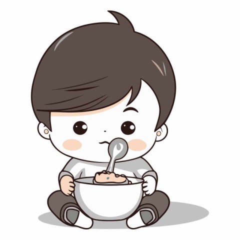 Cute boy with spoon and bowl of soup.