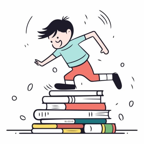 Boy jumping on pile of books in doodle style.