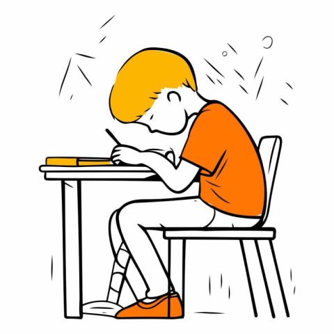 Illustration of a boy sitting at a desk and doing homework.