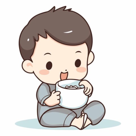 Illustration of a Kid Boy Eating a Bowl of Cereals.