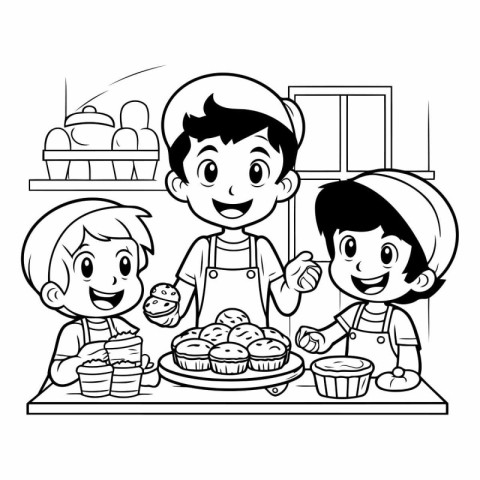 Children baking in the kitchen. Black and white vector illustrat