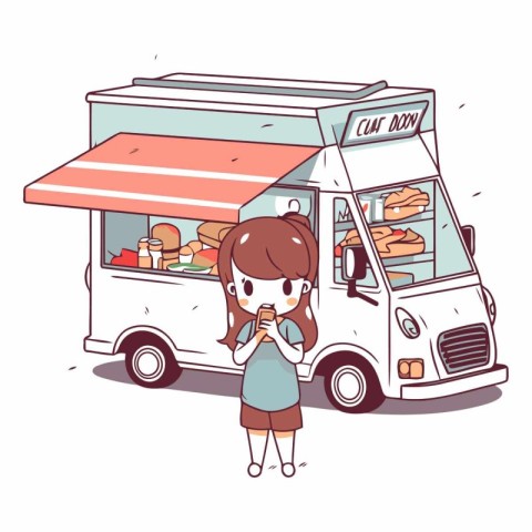 Illustration of a woman standing next to a fast food truck.