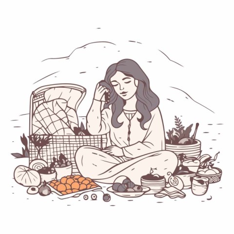 Illustration of a young woman sitting in a basket with food.