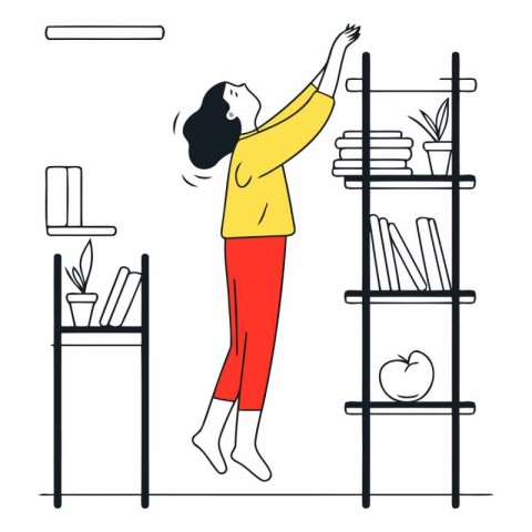 Woman sitting on the bookshelf and stretching her arms