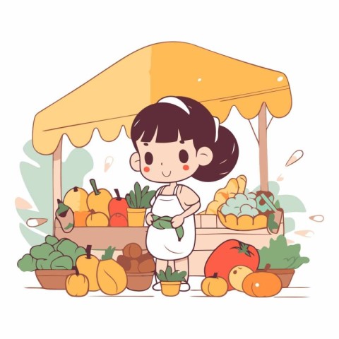 Illustration of a Cute Girl Selling Fresh Fruits and Vegetables