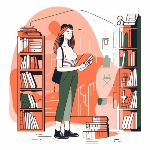 Vector illustration of a girl standing near bookshelf with books