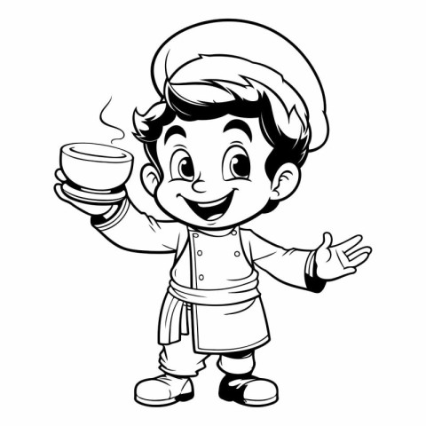 Cartoon illustration of a little chef holding a cup of coffee.