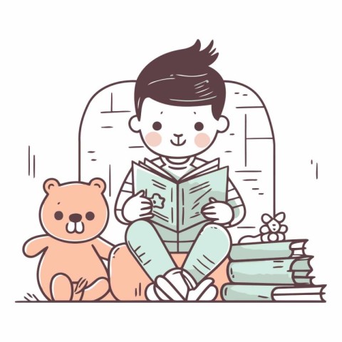 Cute boy reading a book with teddy bear.