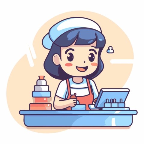 Cute little girl cooking on the kitchen in cartoon style.