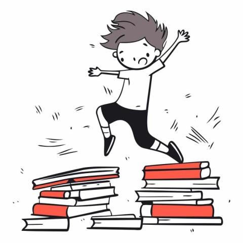 Boy jumping from a pile of books. Vector hand drawn illustration