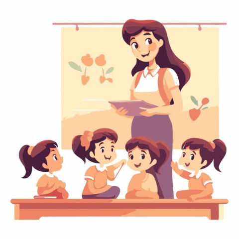 Teacher with children in classroom in cartoon style.