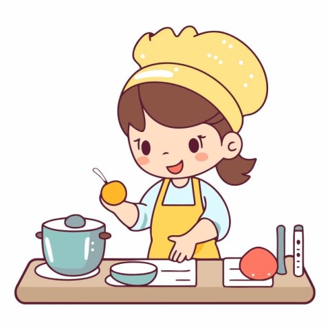 Illustration of a Cute Little Girl Cooking in the Kitchen.