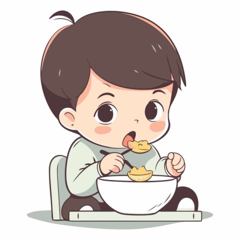 Cute little boy eating cornflakes. Vector cartoon illustration.