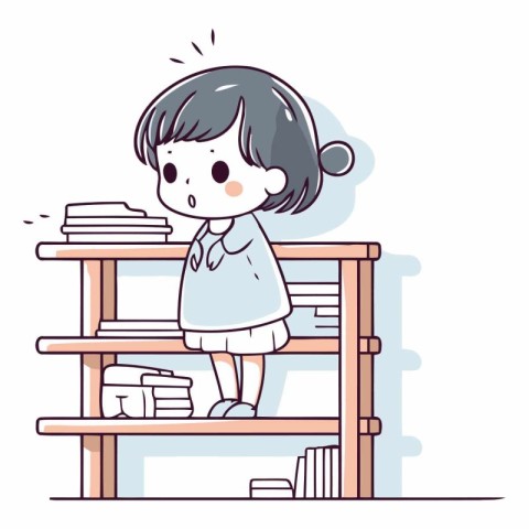 Illustration of a little girl sitting on the bookshelf.