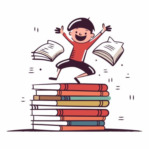 Boy jumping on pile of books in cartoon style.