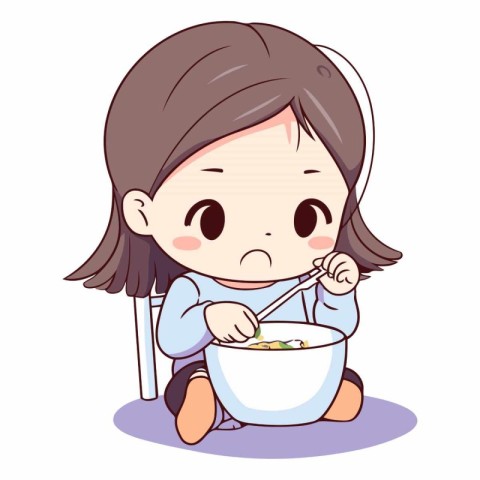 Illustration of a Little Girl Eating a Bowl of Rice with a Spoon