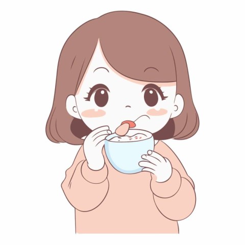 Illustration of a Cute Little Girl Eating a Bowl of Milk