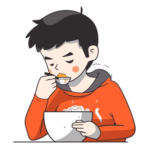 Illustration of a Boy Eating a Bowl of Rice Noodles