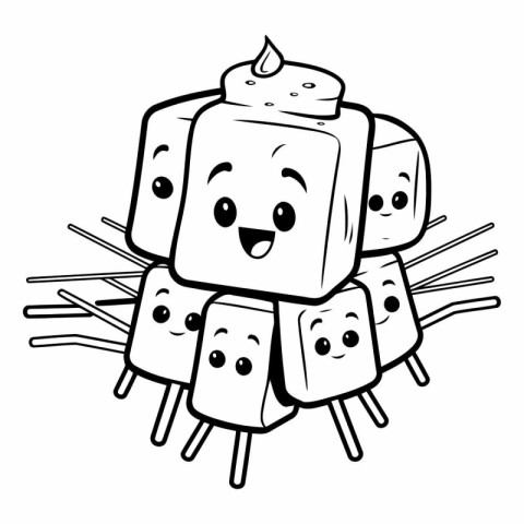 Black And White Cartoon Illustration of Cute Ice Cubes Character