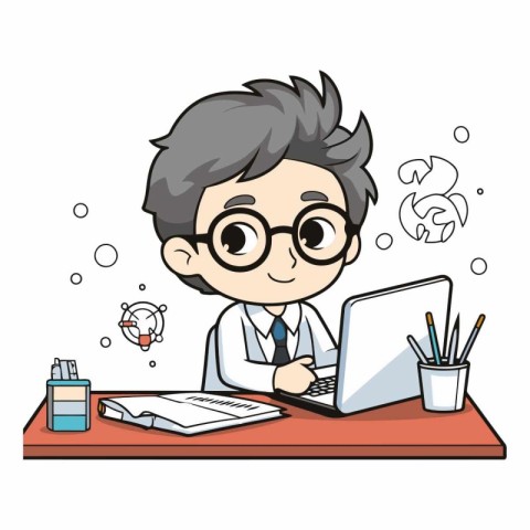 Illustration of a Cute Kid Boy Studying at His Desk