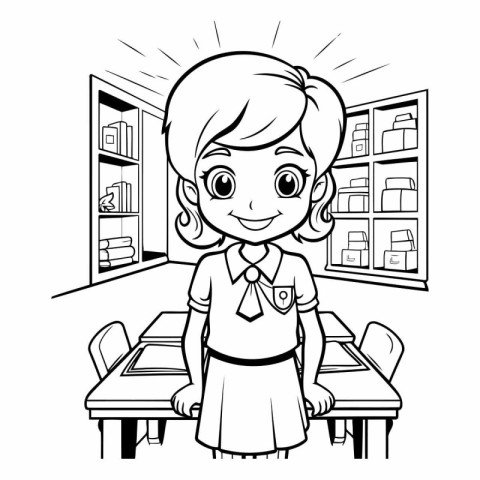 Black and White Cartoon Illustration of Elementary School Girl S