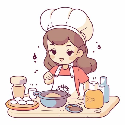 Illustration of a cute little chef girl cooking in the kitchen.