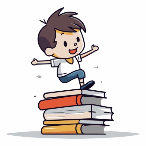 Boy jumping on pile of books. education concept.