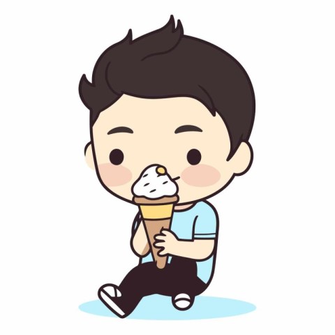 Cute boy eating ice cream in waffle cone vector illustration.