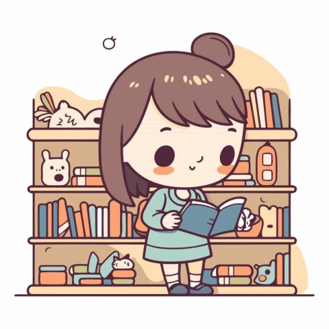 Illustration of a Little Girl Reading a Book on the Shelf