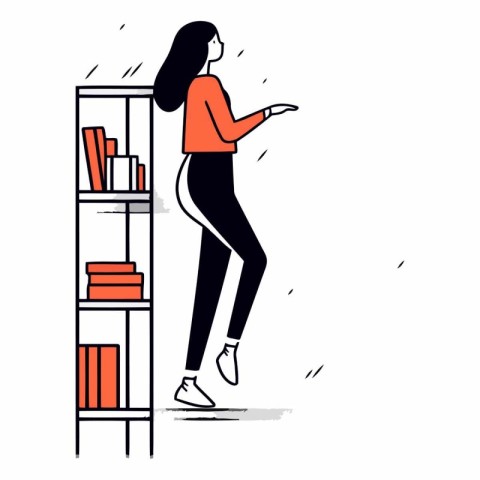 Vector illustration of a woman standing on a bookshelf and choos