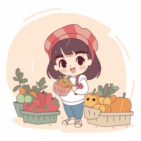 Illustration of a Cute Girl Harvesting Fruits and Vegetables