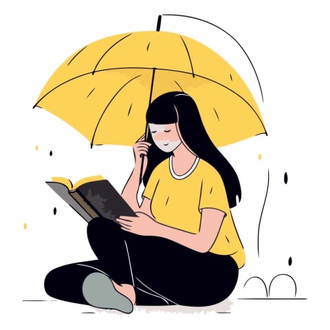 Young woman sitting under an umbrella and reading a book.