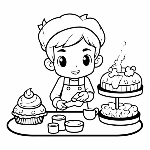 Cute boy cooking cakes. black and white vector illustration for