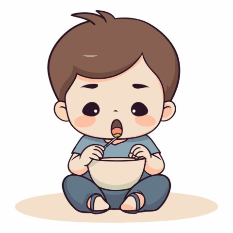 Cute little boy sitting and eating soup. Vector cartoon illustra