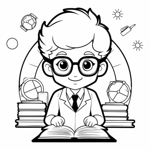 Boy with glasses reading a book. Black and white vector illustra