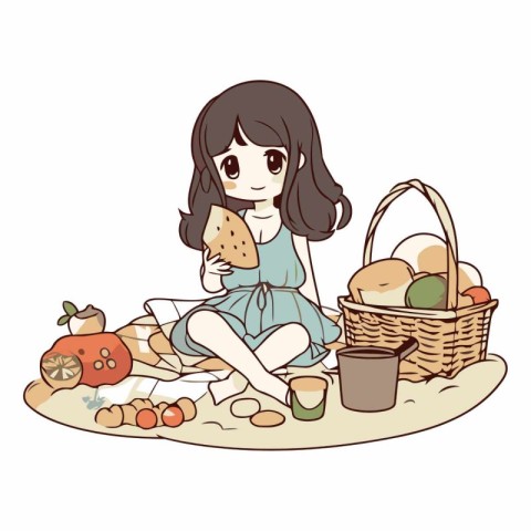 Illustration of a cute little girl sitting at the picnic with a