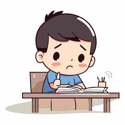 Boy studying at desk - Cute and funny cartoon vector illustratio