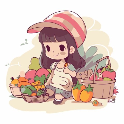 Little girl with a basket of fruits and vegetables.