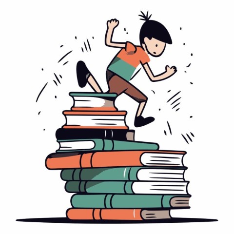 Vector illustration of a little boy jumping over a pile of books