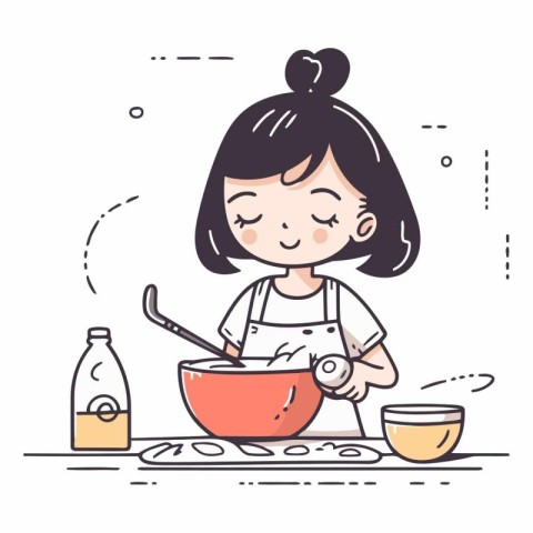 Cute little girl cooking in the kitchen. Cute vector illustratio