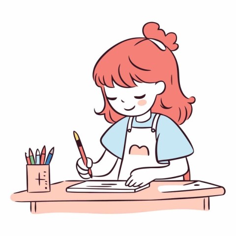 Illustration of a Cute Girl Drawing with Pencils at Table